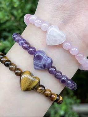 Rose Quartz Heart Beaded Bracelet, Amethyst and Tiger Eye Natural Stone Set of 3